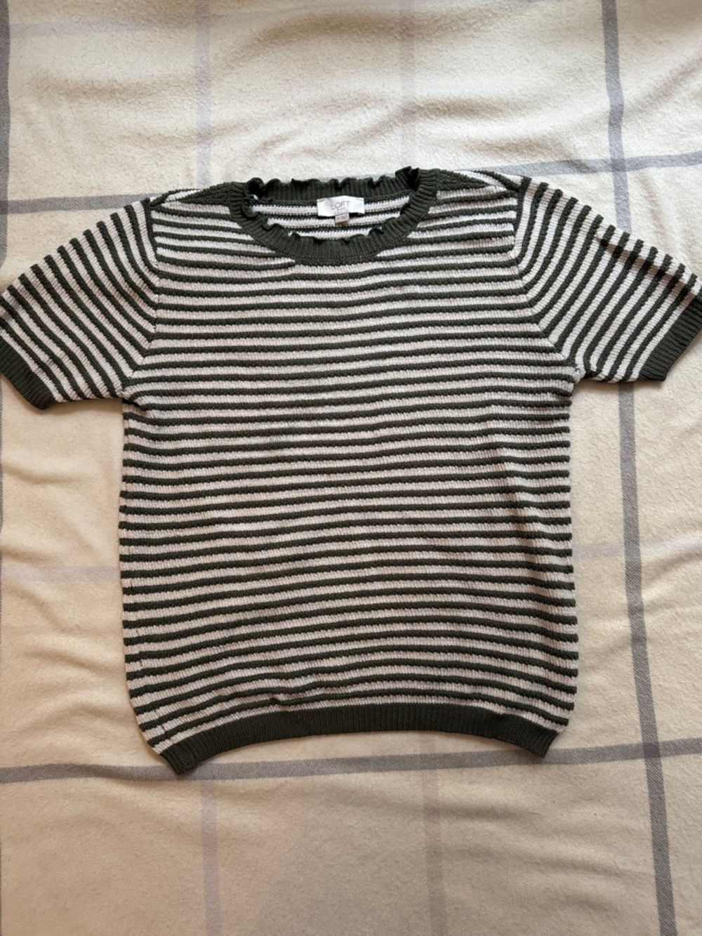 LOFT Striped Short Sleeve Knit Top in Olive and Cream